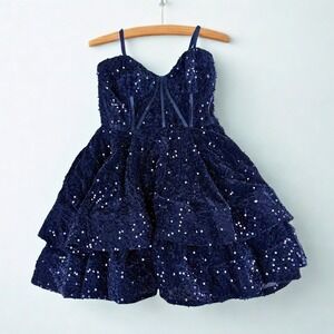 Sequin Corset Mini Prom Dress Womens XS/S Navy Blue Tiered Ruffle Cocktail NWT